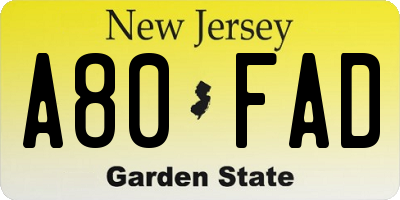 NJ license plate A80FAD