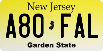 NJ license plate A80FAL
