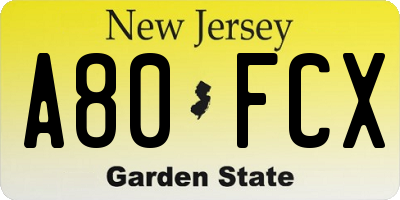 NJ license plate A80FCX