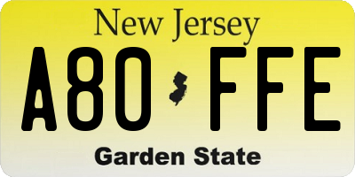 NJ license plate A80FFE