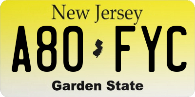 NJ license plate A80FYC