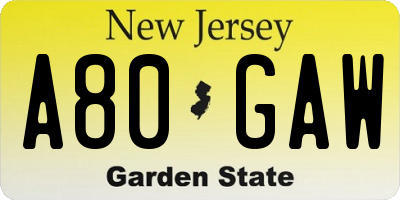 NJ license plate A80GAW