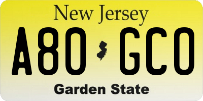 NJ license plate A80GCO