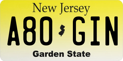NJ license plate A80GIN