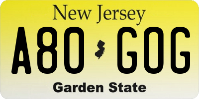 NJ license plate A80GOG
