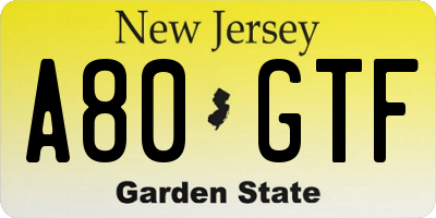 NJ license plate A80GTF