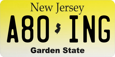 NJ license plate A80ING