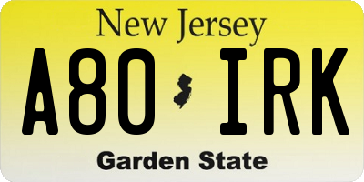 NJ license plate A80IRK