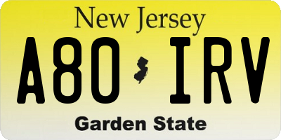 NJ license plate A80IRV
