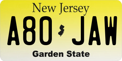 NJ license plate A80JAW