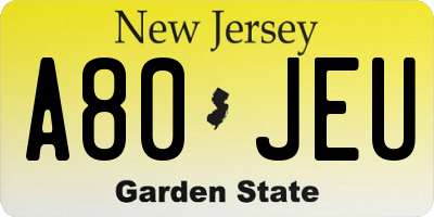 NJ license plate A80JEU