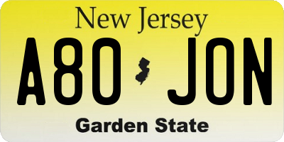 NJ license plate A80JON