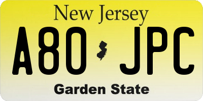 NJ license plate A80JPC