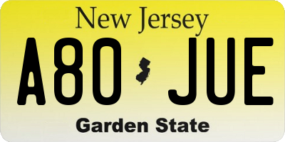 NJ license plate A80JUE