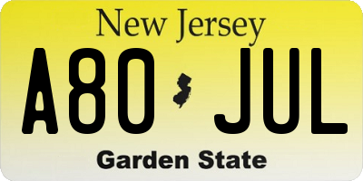NJ license plate A80JUL