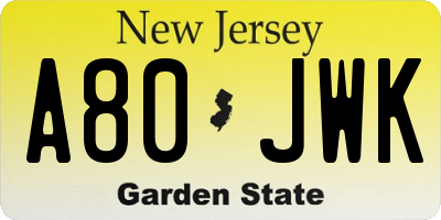 NJ license plate A80JWK