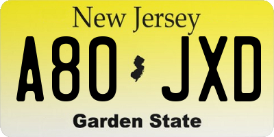 NJ license plate A80JXD