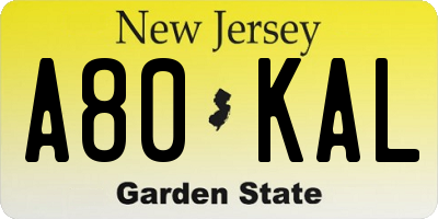 NJ license plate A80KAL