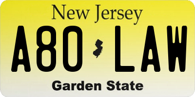 NJ license plate A80LAW