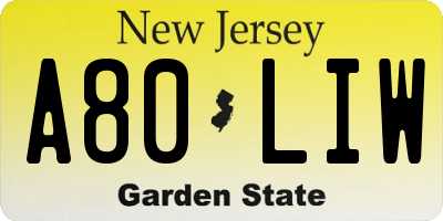 NJ license plate A80LIW