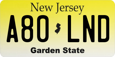 NJ license plate A80LND