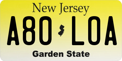 NJ license plate A80LOA