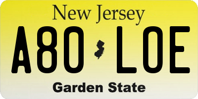NJ license plate A80LOE