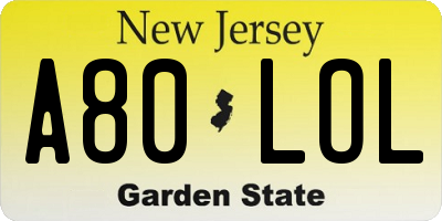 NJ license plate A80LOL