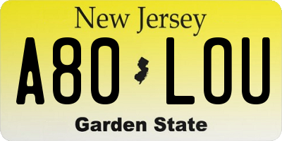 NJ license plate A80LOU