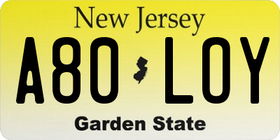 NJ license plate A80LOY