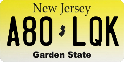 NJ license plate A80LQK