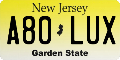 NJ license plate A80LUX