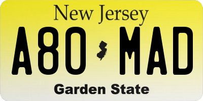 NJ license plate A80MAD