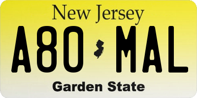 NJ license plate A80MAL