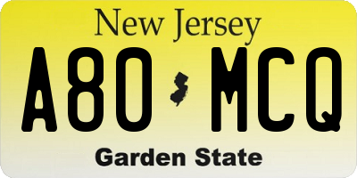 NJ license plate A80MCQ