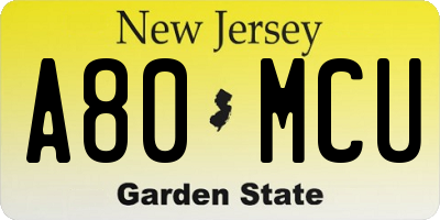 NJ license plate A80MCU