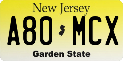 NJ license plate A80MCX