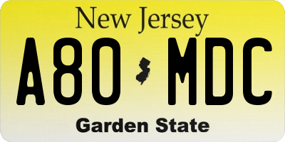 NJ license plate A80MDC