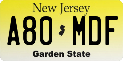 NJ license plate A80MDF