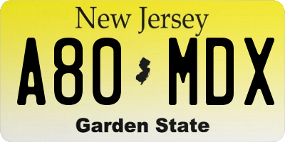 NJ license plate A80MDX
