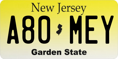NJ license plate A80MEY