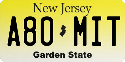 NJ license plate A80MIT