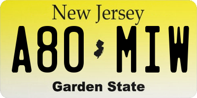 NJ license plate A80MIW