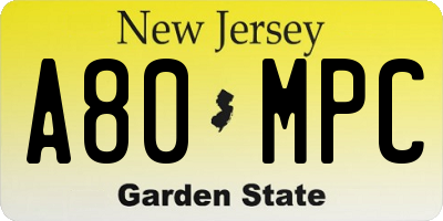 NJ license plate A80MPC