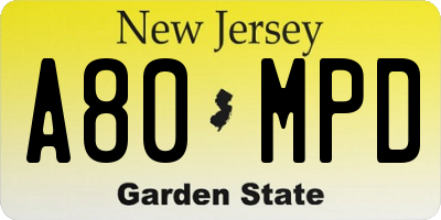 NJ license plate A80MPD