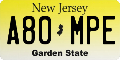 NJ license plate A80MPE