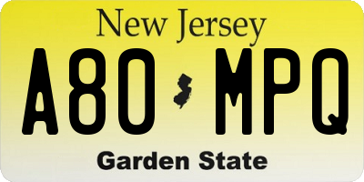 NJ license plate A80MPQ