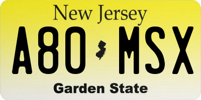 NJ license plate A80MSX