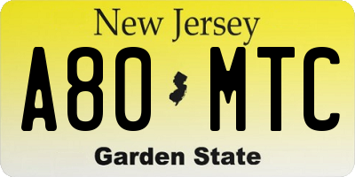 NJ license plate A80MTC