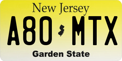 NJ license plate A80MTX